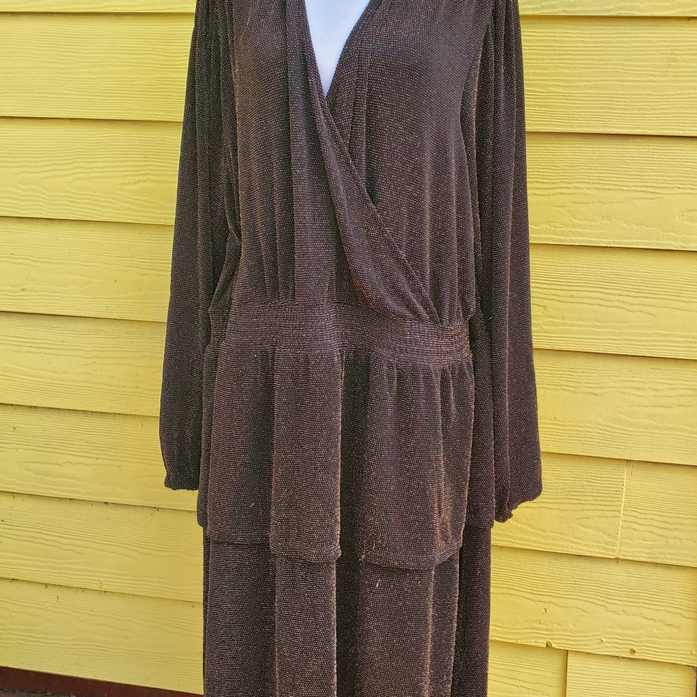 Brown Wrap Tiered Long Sleeve Dress